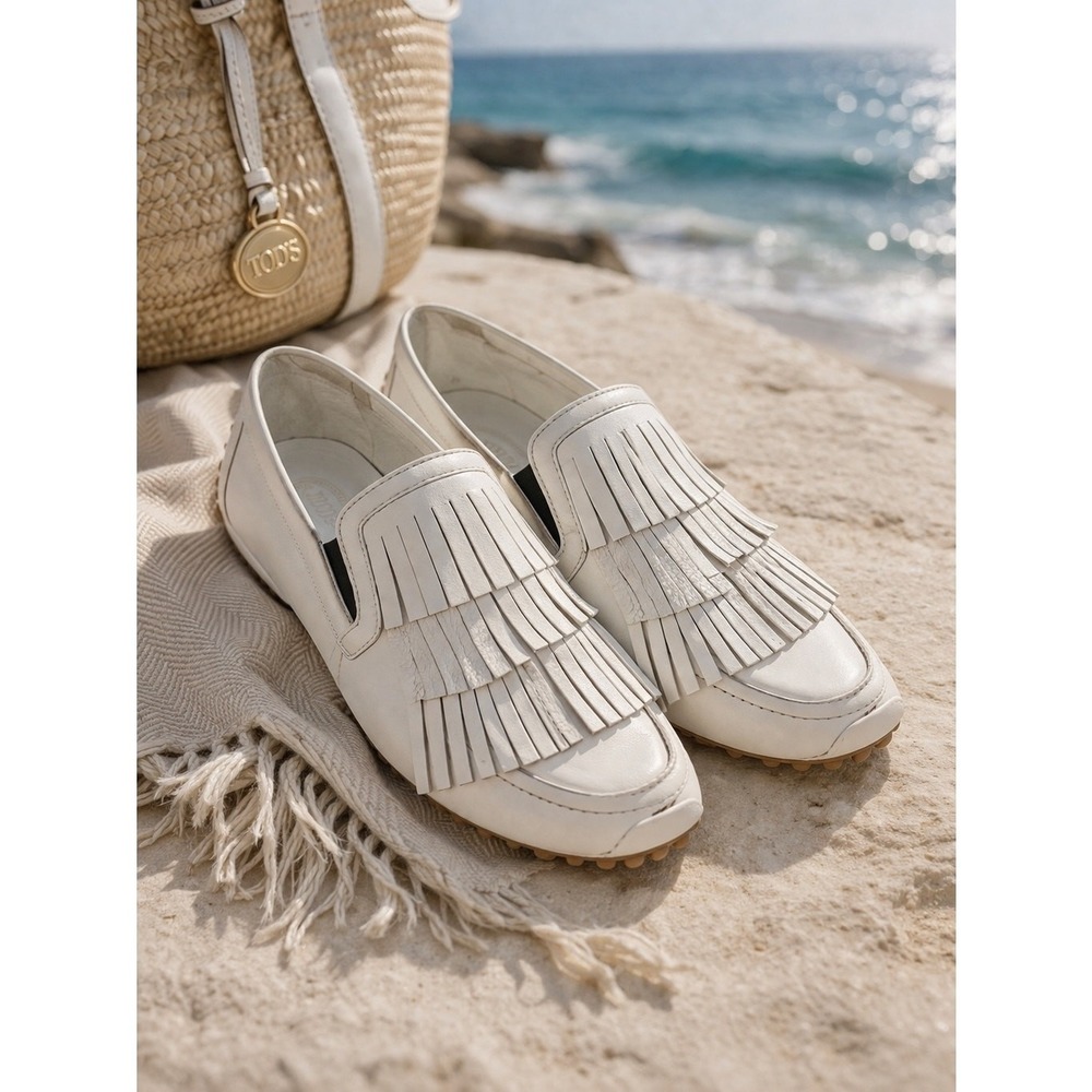 Tod's White Leather Fringe Kiltie Loafers Slip On Driver Shoes EU 36